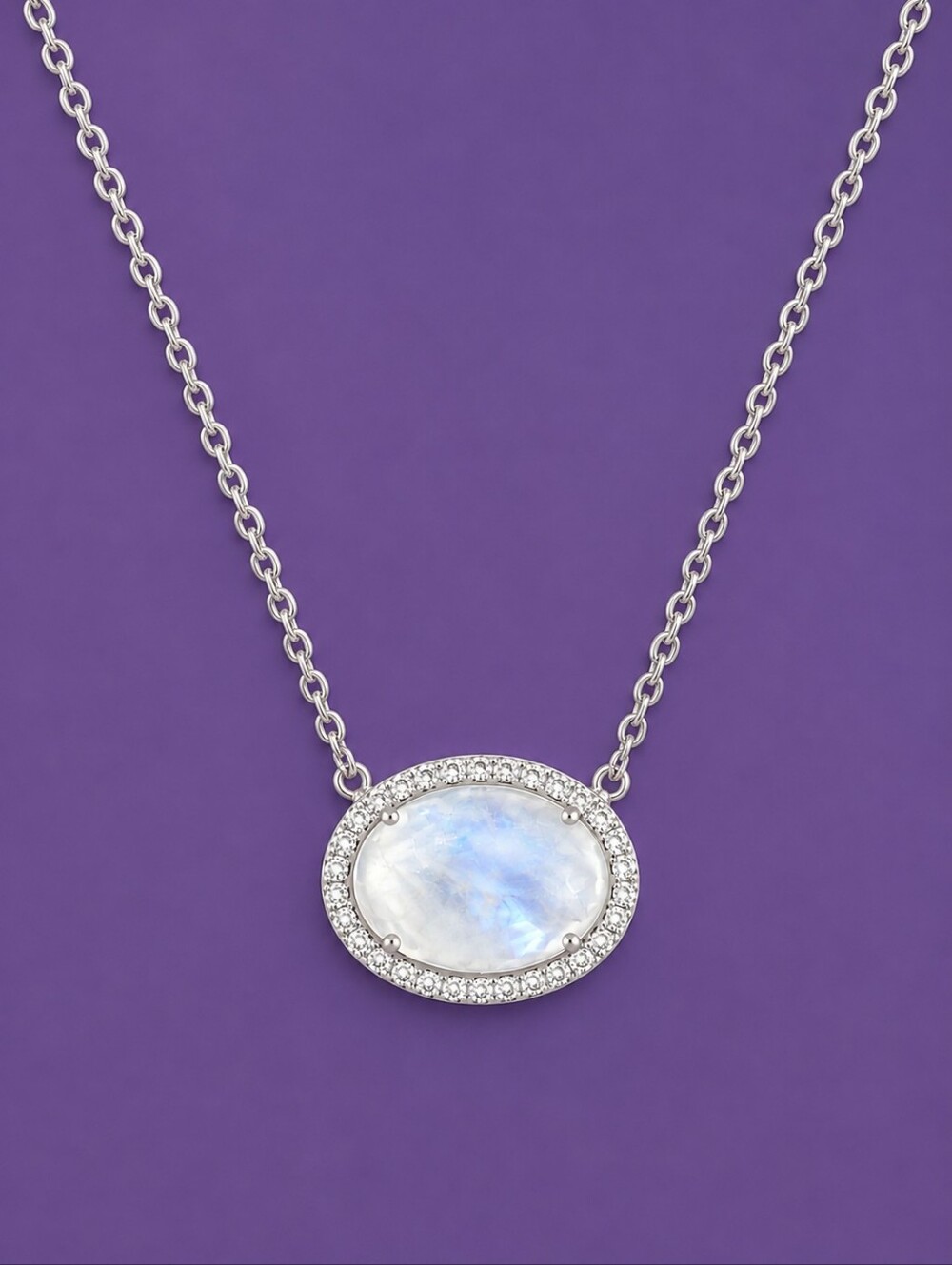 VTG OC Sterling Silver Moonstone CZ Oval Halo Pendant Chain Necklace